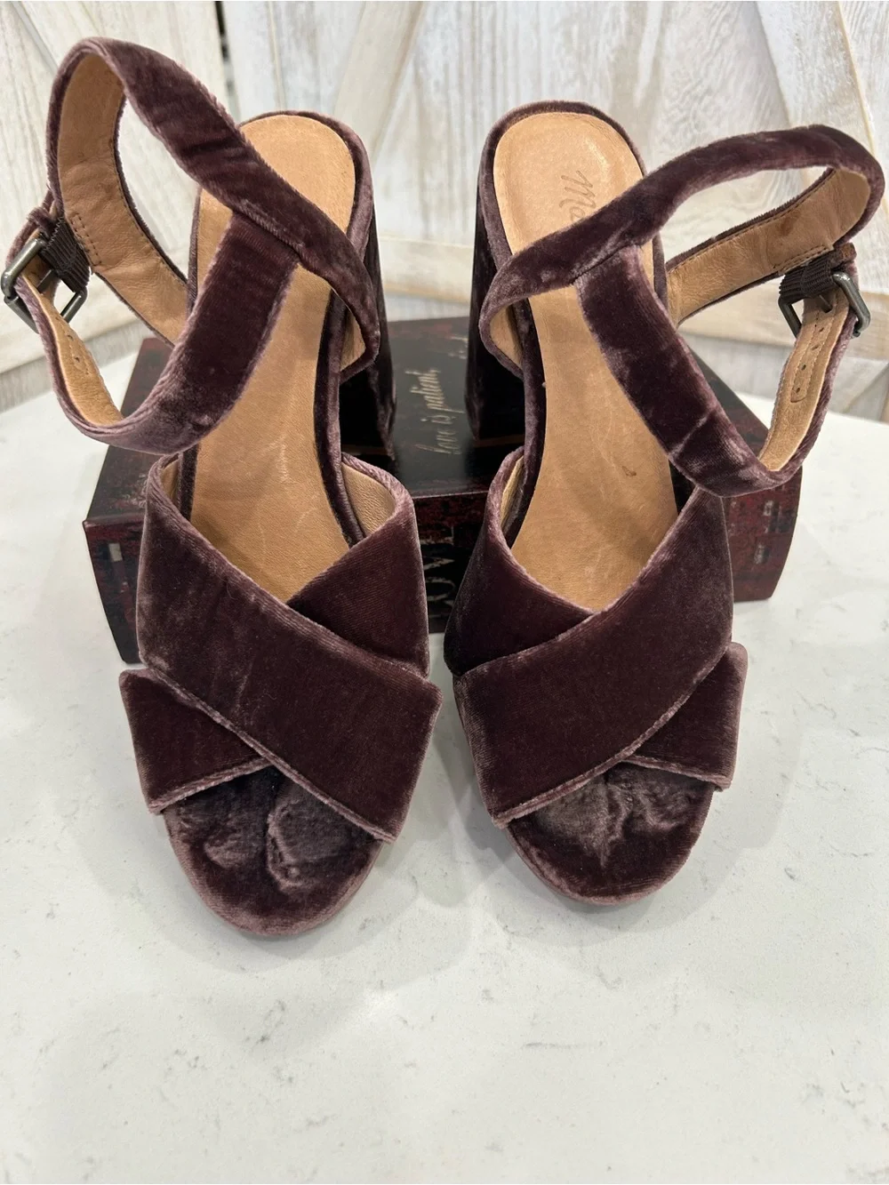 Madewell Deep Plum Velvet Crisscross Platform Sandals